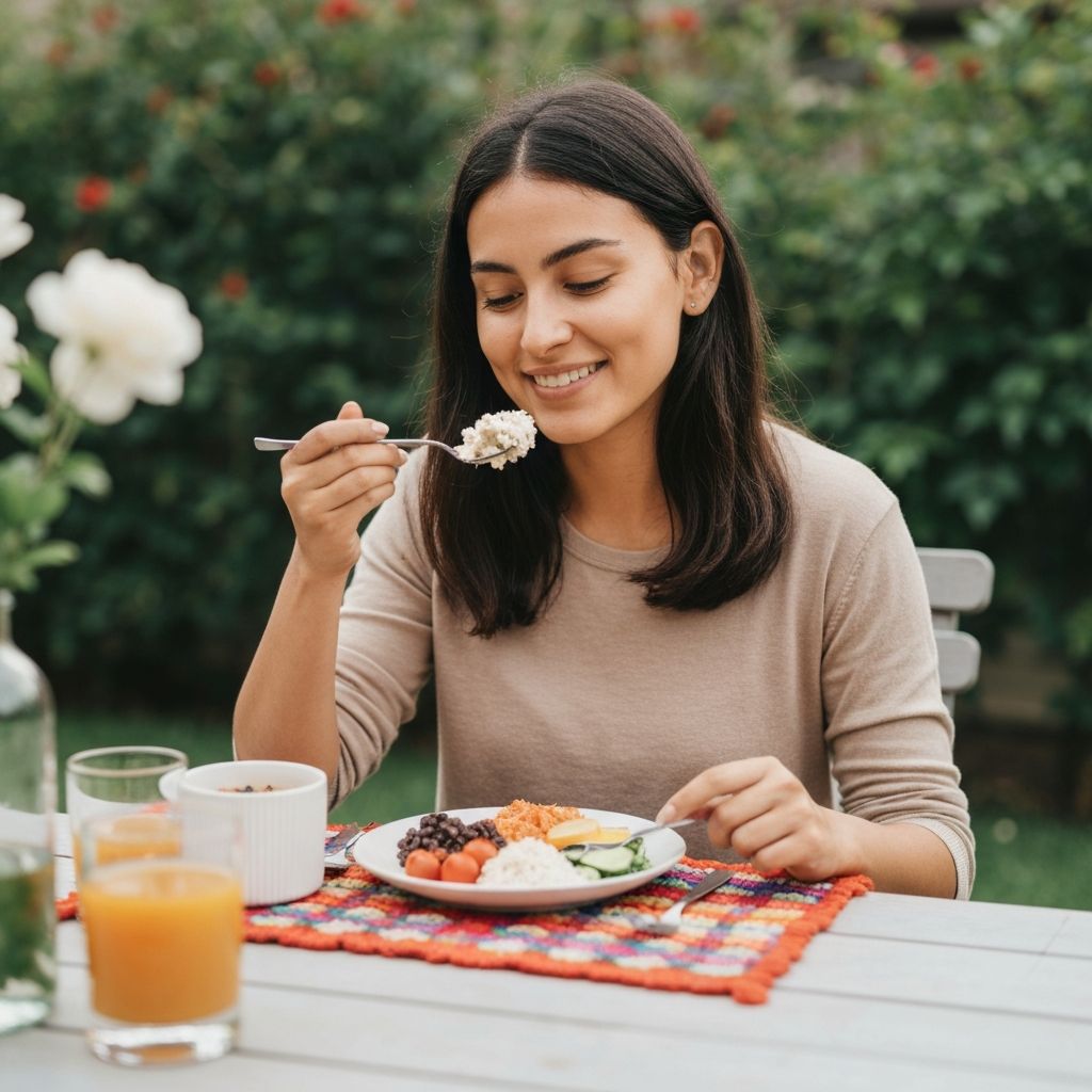 Person enjoying a balanced meal mindfully